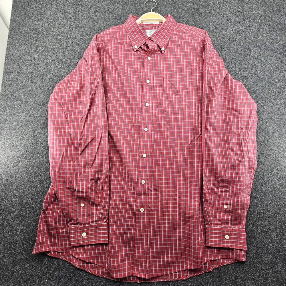 LL Bean Shirt Mens XL Tall Red Plaid 100% Cotton Long Sleeve Wrinkle Resistant